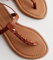 New Look Tan Leather-Look Plaited Toe Post Sandals